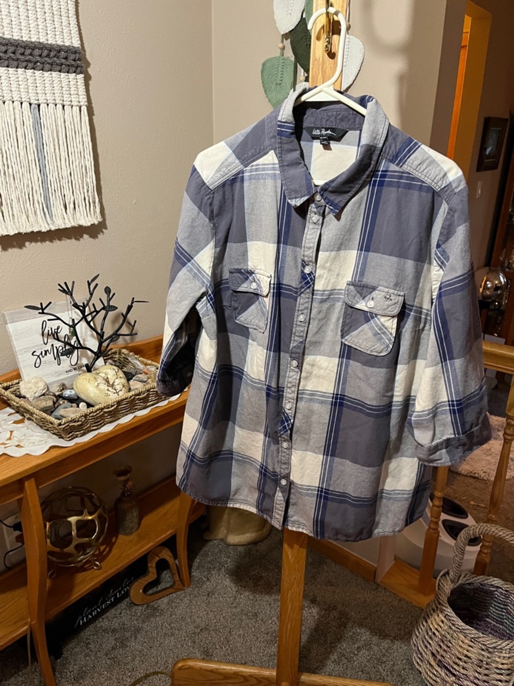 Ulla Popken Blue and Cream Plaid Collar Shirt